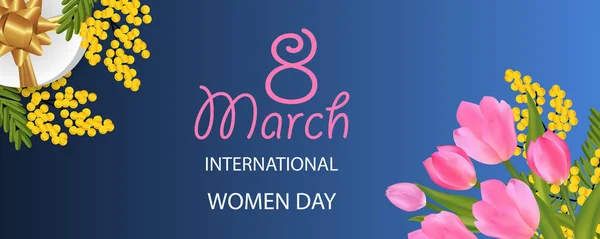 Desing March International Women Day Mimosa Tulip Bouquet Gift Box — стоковый вектор