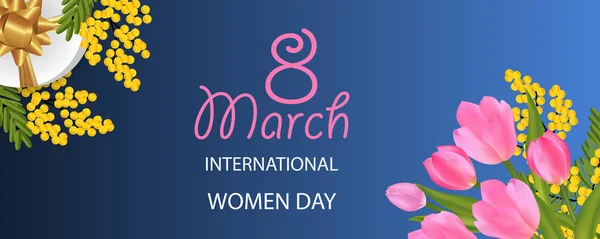 8 Mart Dünya Kadınlar günü Mimoza ve lale kokulu, hediye için altın yay ile kutu tasarımı. Başlık sayfası veya arka plan çiçekler ile. Vektör çizim.