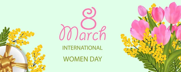 Desing March Journée Internationale Femme Avec Bouquet Tulipes Mimosa Boîte — Image vectorielle