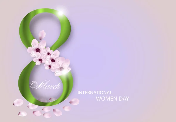 绿色数字八与花和花瓣为假日3月8日国际妇女节在轻的背景 矢量插图 — 图库矢量图片