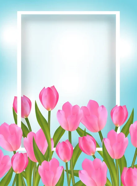 Blue Background Frame Pink Tulips Spring Design Flowers Vector Illustration — Stock Vector