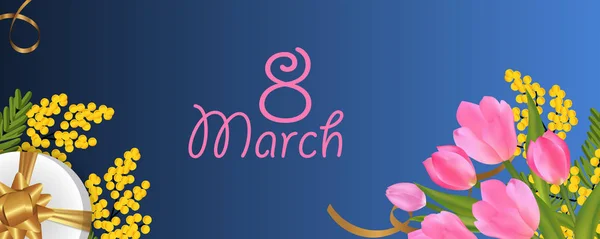 为3月8日国际妇女节与郁金香花束和米莫萨 礼品盒与黄金弓 带花的横幅或背景 矢量插图 — 图库矢量图片
