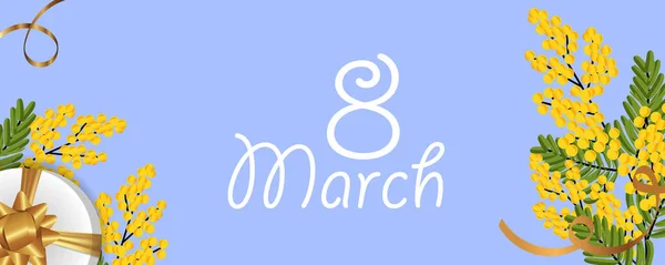 Desing March International Women Day Mimosa Gift Box Gold Bow — стоковый вектор