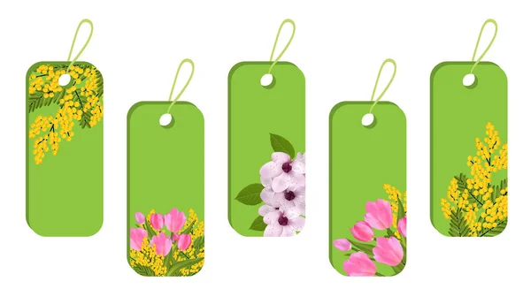 Conjunto Pegatinas Verdes Etiquetas Con Flores Primavera Florece Tulipán Mimosa — Vector de stock