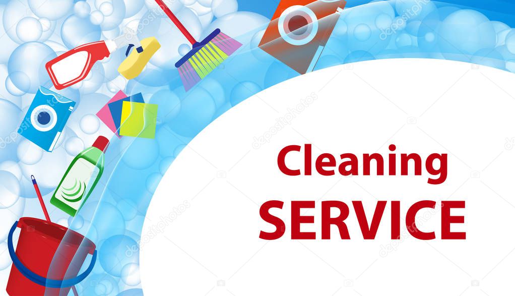 Cleaning service blue background. Poster or banner with soap bubbles and tools, cleaning products for cleanliness. Vector illustration.