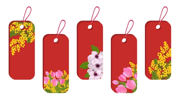 用春花设置红色贴纸和标签 花郁金香 含羞草和樱花或樱桃 向量例证 — 图库矢量图片