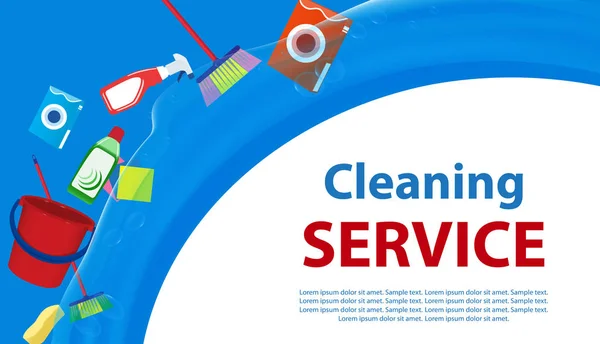 Schoonmaak Service Blauwe Witte Achtergrond Poster Het Spandoek Met Hulpmiddelen — Stockvector