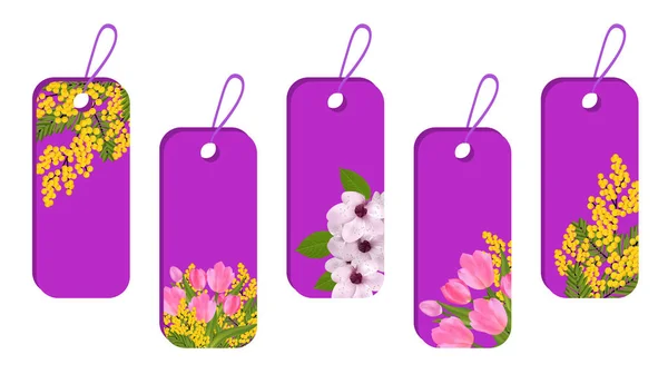 用春花贴上紫色的贴纸和标签 花郁金香 含羞草和樱花或樱桃 向量例证 — 图库矢量图片