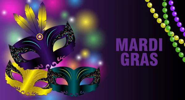 Mardi Gras Fondo Colorido Con Tres Máscaras Carnaval Plumas Cartel — Archivo Imágenes Vectoriales