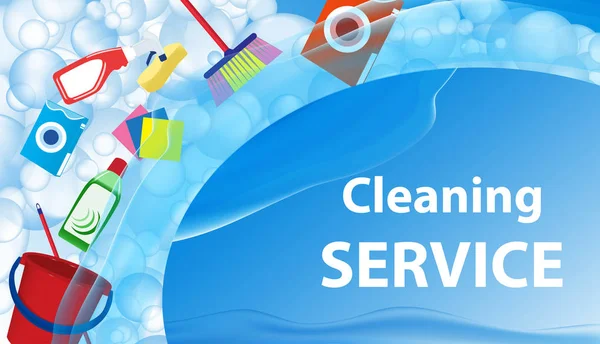 Service Nettoyage Fond Bleu Bannière Affiche Avec Bulles Savon Outils — Image vectorielle