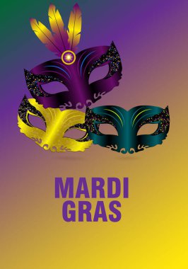 Üç karnaval maskeleri ve Mardi gras için renkli bir arka plan tüyler. Tebrik kartı, başlık sayfası veya poster. Vektör çizim.