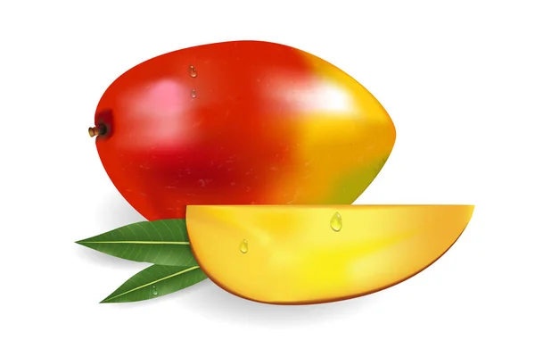 Mogen färsk mango med skivor, lämnar och droppar. Frukt 3d illustration. — Stock vektor