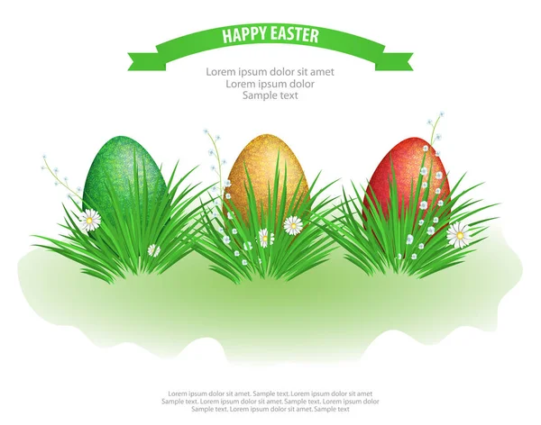 Bunte Ostereier im grünen Gras mit Blüten auf weißem Hintergrund. Element für festliches Design. Vektor — Stockvektor