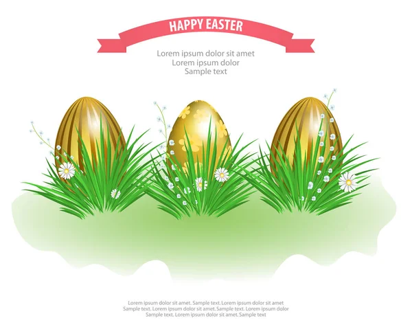 Easter golden eggs in green grass with flowers isolated on white background. Element for celebratory design. Vector — Stock Vector