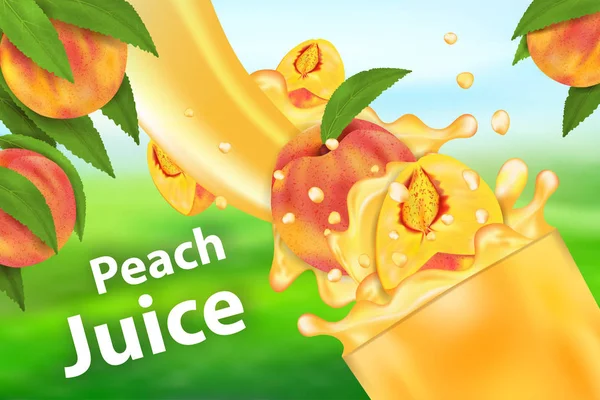Zumo de melocotón y salpicadura. 3d realista vector ilustración frutas dulces, diseño del paquete o cartel — Vector de stock