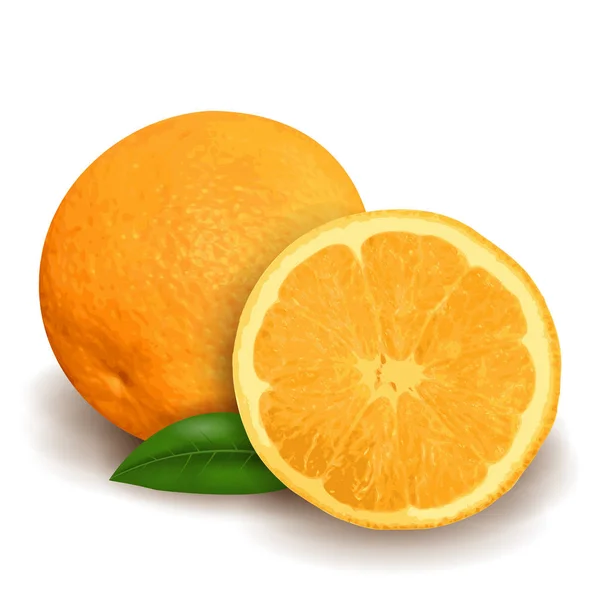 Orange frais avec feuille verte et tranche isolée sur fond blanc, design 3D réaliste. Vecteur — Image vectorielle