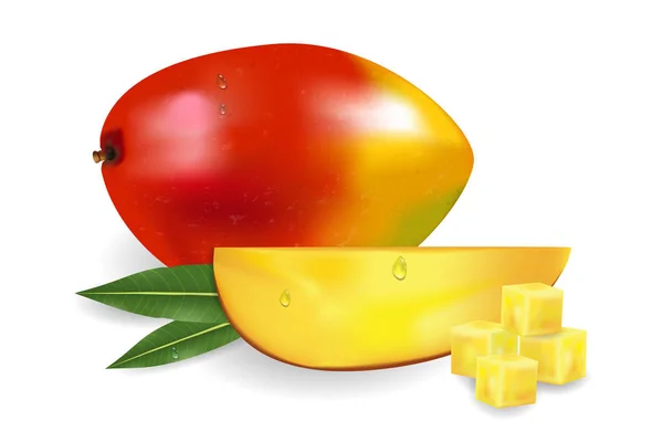 Mango fresco maduro con rodajas, trozos, hojas y gotas. Fruta 3d ilustración . — Vector de stock