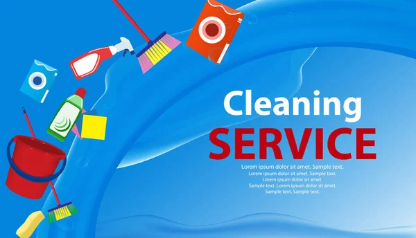 Serviço de limpeza fundo azul com um toque de água. Cartaz ou banner com ferramentas, produtos de limpeza para limpeza. Vetor — Vetor de Stock