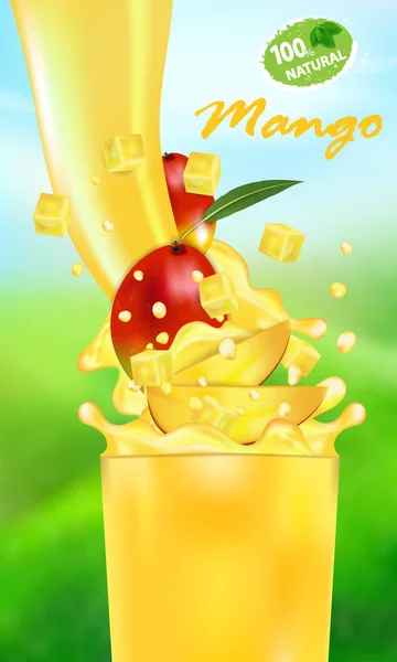 Jugo fresco Mango y salpicadura. Flujo de líquido con gotas y frutas tropicales dulces 3d ilustración vectorial realista en el fondo de la naturaleza. Diseño del paquete o póster — Archivo Imágenes Vectoriales