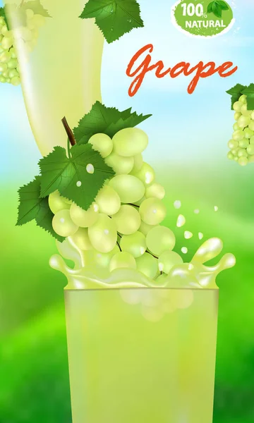 Jus frais Raisin et éclaboussures. Flux de liquide avec des gouttes et des fruits tropicaux doux illustration vectorielle 3d réaliste sur le fond de la nature. Conception du paquet ou affiche — Image vectorielle