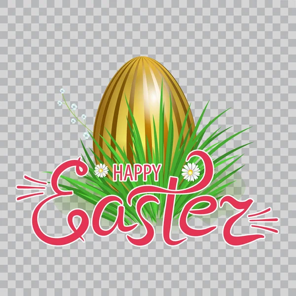 Huevos de Pascua dorados en hierba verde con flores y letras feliz Pascua sobre fondo transparente. Elemento para el diseño de celebración. Vector — Vector de stock