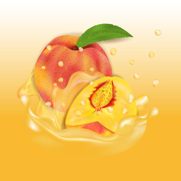 Peach juice splash. Fresh fruit 3d realistic vector illustration. Package design or poster.