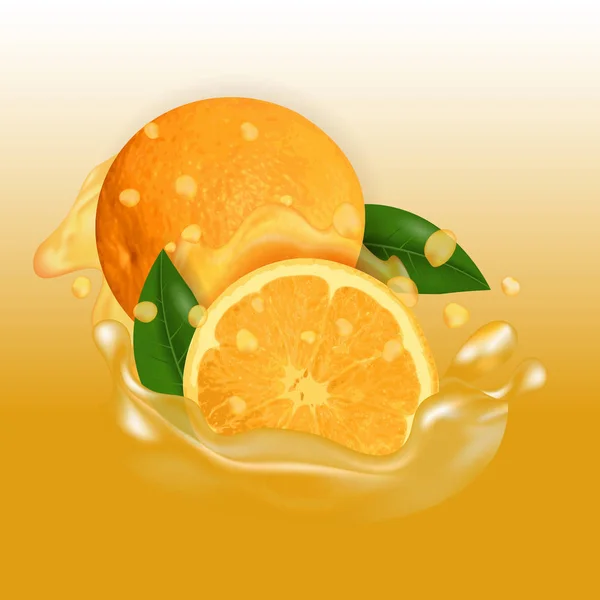 Jus d'orange splash. Vers fruit 3D-realistische vectorillustratie. Pakket design of poster. — Stockvector