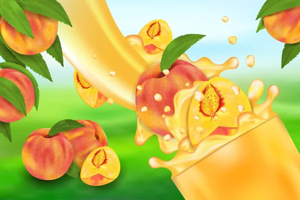 Succo di pesca e spruzzi. Flusso di liquido con gocce e frutta dolce illustrazione vettoriale realistica 3d, design del pacchetto o poster — Vettoriale Stock