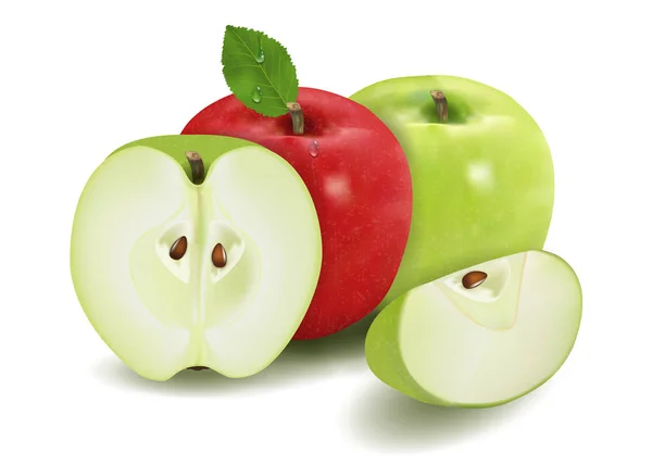 Πράσινα και κόκκινα μήλα με φύλλα και η φέτα που απομονώνονται σε ένα λευκό φόντο τρισδιάστατη ρεαλιστική απεικόνιση υψηλή λεπτομέρεια. Διάνυσμα — Διανυσματικό Αρχείο