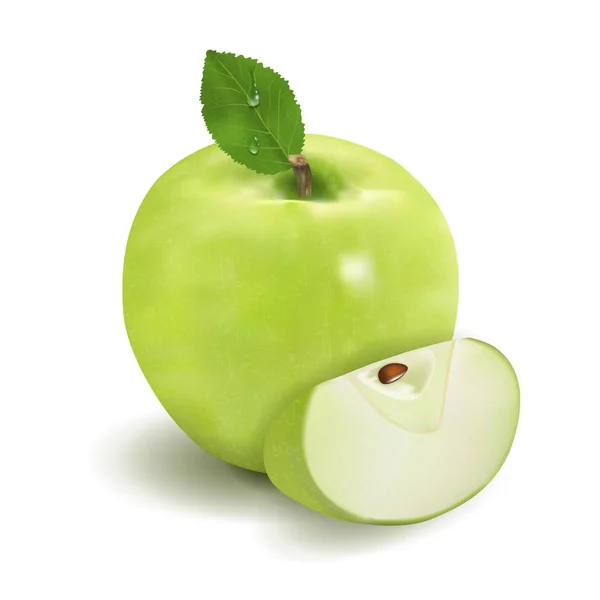 Maturare mela verde con foglia e fetta isolata su sfondo bianco 3d illustrazione realistica alto dettaglio. Vettore — Vettoriale Stock