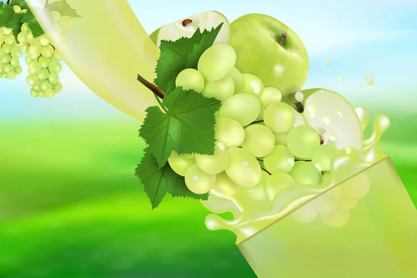 Zumo de uva y manzana con salpicadura. Flujo de líquido con gotas y fruta dulce 3d ilustración vectorial realista, diseño del paquete o cartel — Vector de stock