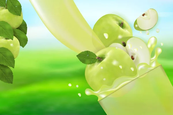 Сок яблоко с брызгами. Поток жидкости с капельками и сладкими фруктами 3D реалистичная векторная иллюстрация, дизайн упаковки или плакат — стоковый вектор