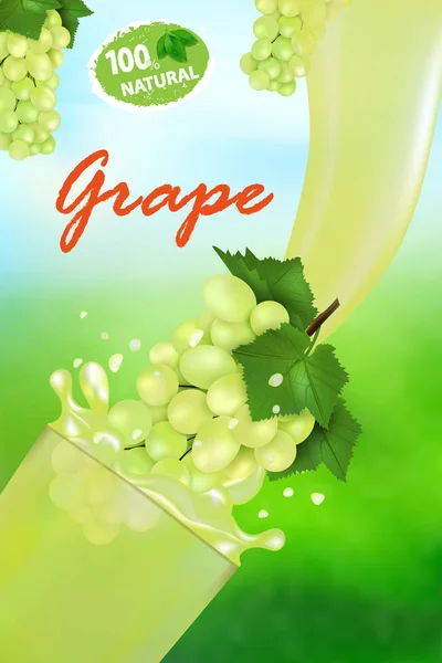 Färsk juice Grape och Splash. Flöde av vätska med droppar och söt tropisk frukt 3D realistisk vektor illustration hög detalj på bakgrunden av naturen. Paket design eller affisch — Stock vektor