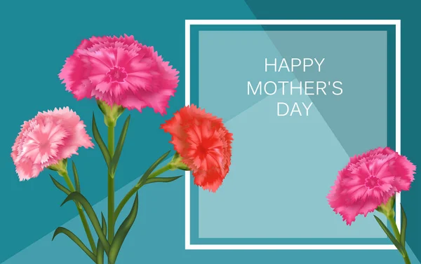 Horizontal template for Mother's Day with carnations on turquoise background and frame. Vector — Stock Vector