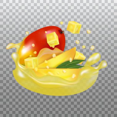 Taze Mango ve meyve suyu sıçraması. Şeffaf arka planda Meyve 3d gerçekçi vektör.