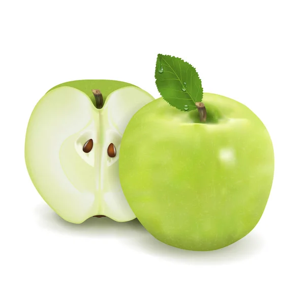 Ώριμο πράσινο μήλο με φύλλο και μισό απομονωμένο σε λευκό φόντο 3D ρεαλιστική εικόνα υψηλή λεπτομέρεια. Διάνυσμα — Διανυσματικό Αρχείο