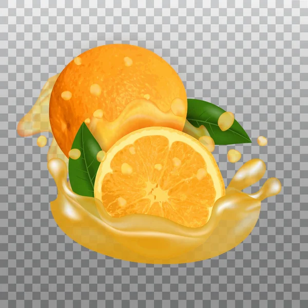 Friss narancs és gyümölcslé csobbanás. Gyümölcs 3D realisztikus vektor átlátszó háttérrel. — Stock Vector