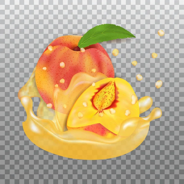 Verse perzik en SAP splash. Fruit 3D realistische vector op transparante achtergrond. — Stockvector