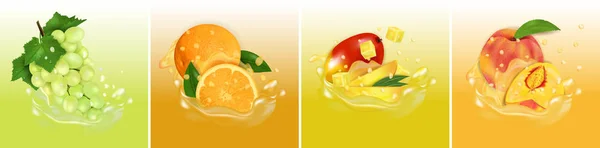 Fruit juice splash. Set fresh Mango, Orange, Peach and Grape 3d realistic vector illustration. Package design or poster. — Stock Vector
