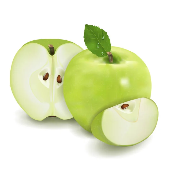 Reifer grüner Apfel mit Blatt und Hälfte, Scheibe isoliert auf weißem Hintergrund 3d realistische Abbildung hohes Detail. Vektor — Stockvektor