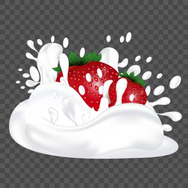 Splash süt veya yoğurt ve taze çilek. Meyve 3d gerçekçi vektör illüstrasyon