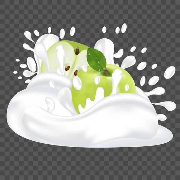 Splash melk of yoghurt en verse appel. Fruit 3D realistische vector illustratie — Stockvector