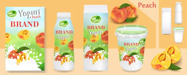 Natural peach Yogurt ads or packaging design. Template various packages for yogurt products. Applicable for branding, design presentation. Vector — Stock Vector