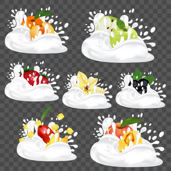 Брызги молока или йогурта. Набор со свежими фруктами, ягодами и ванилью. 3D-реалистичная векторная иллюстрация — стоковый вектор