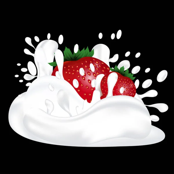 Splash susu atau yogurt dan stroberi segar. Fruit 3d vektor realistis di latar belakang hitam . - Stok Vektor
