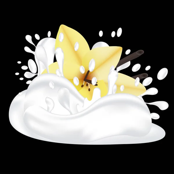 Splash melk of yoghurt en vanille bloem. 3D realistische vector op zwarte achtergrond. — Stockvector