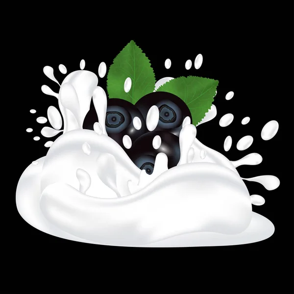 Spruzzare latte o yogurt e mirtillo fresco. Frutta 3d vettore realistico su sfondo nero . — Vettoriale Stock