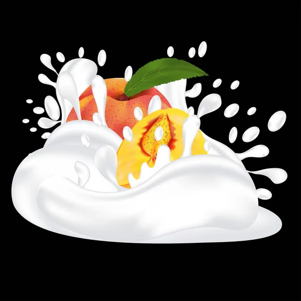 Spritzer Milch oder Joghurt und frischer Pfirsich. Obst 3D realistischer Vektor auf schwarzem Hintergrund. — Stockvektor