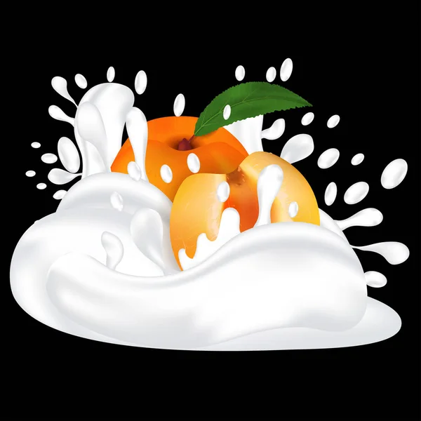 Spritzer Milch oder Joghurt und frische Aprikosen. Obst 3D realistischer Vektor auf schwarzem Hintergrund. — Stockvektor