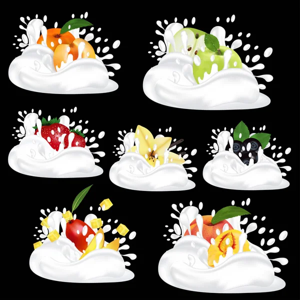 Splash milk or yogurt. Set with fresh fruit, berries and vanilla. 3d realistic vector on black background. — Stock Vector